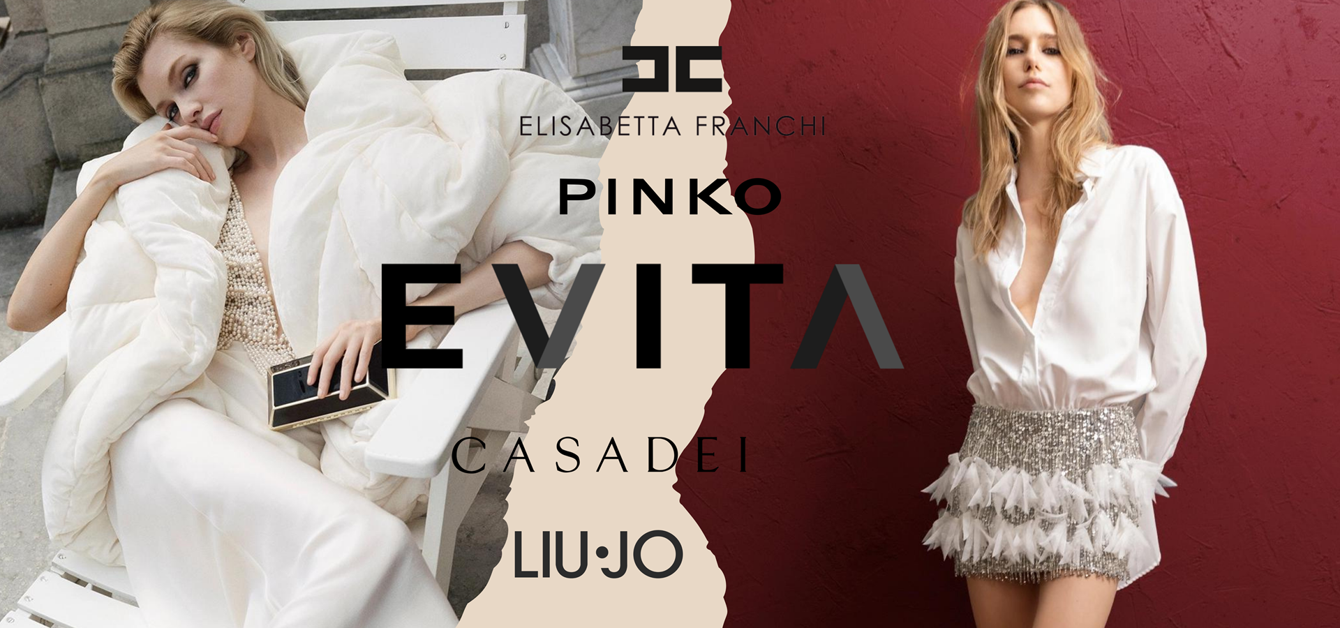 Evita - luksusowe ubrania z Włoch. Luksusowy butik. Banner strony z takimi markami jak Babilon, Pinko, Casadei, Liu Jo, Elisabetta Franchi